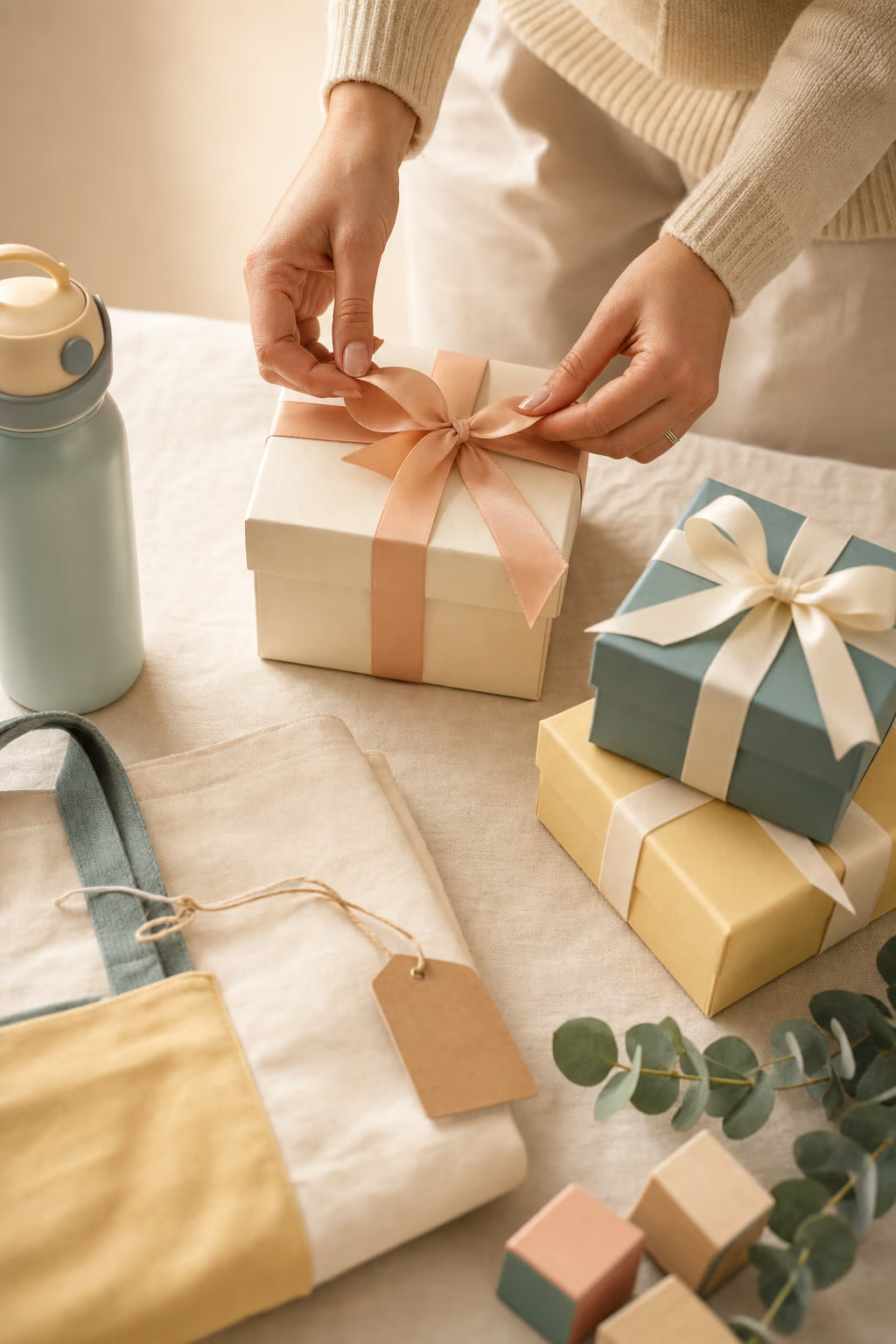 Des mains qui nouent un ruban sur un cadeau personnalisé Happy Label, entourées de produits famille